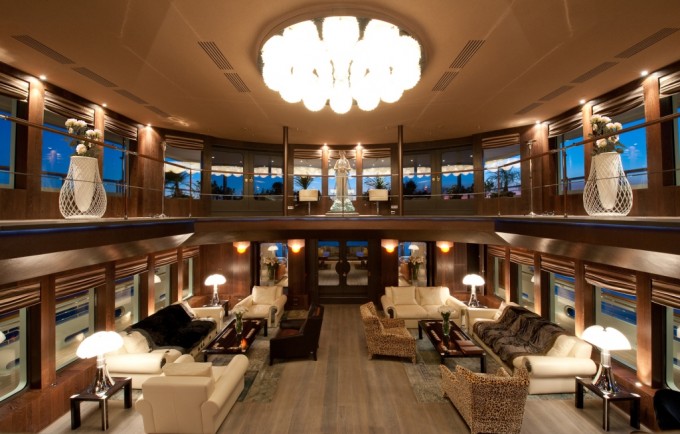 Motor Yacht Reborn - The Huge Atrium and Saloon Area